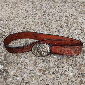 Vintage Tooled Belt With MBCI Horseheads Belt Buckle XS